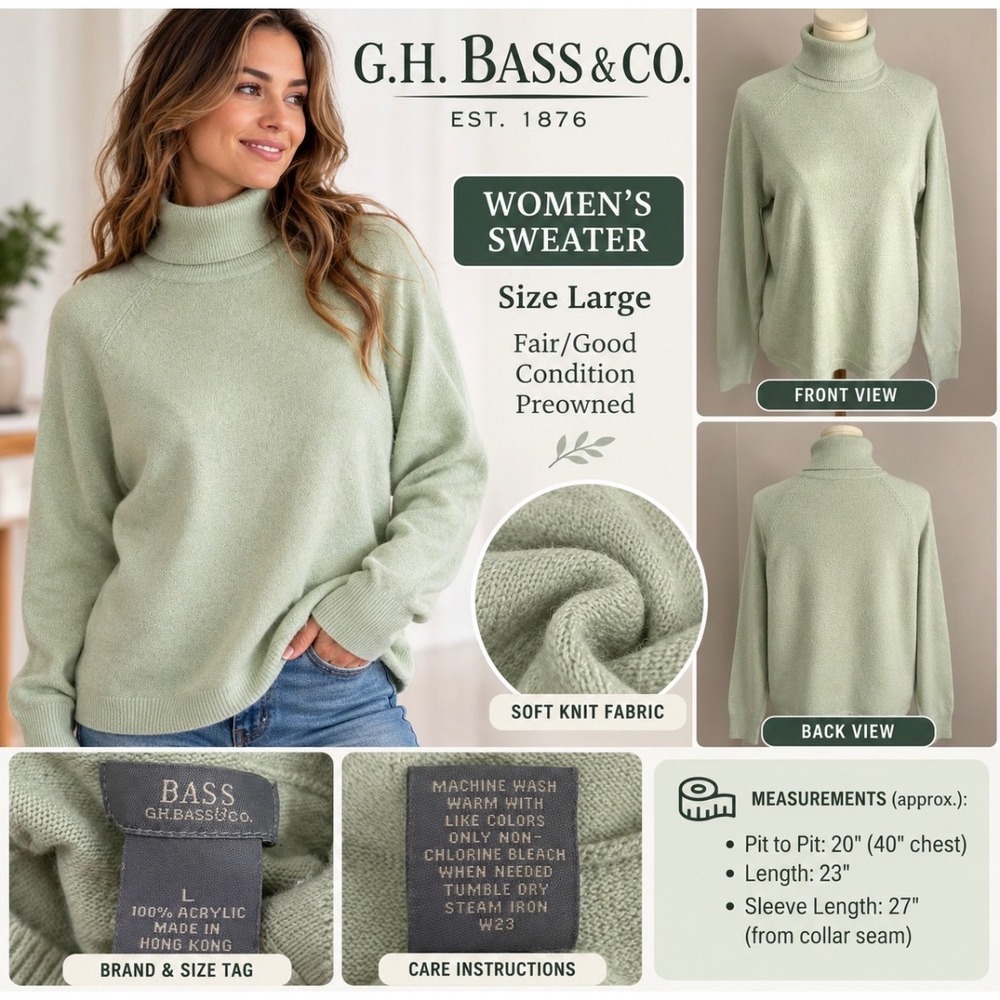 G.H. Bass & Co Womens Sage Green Turtleneck Sweater Acrylic Knit Size L